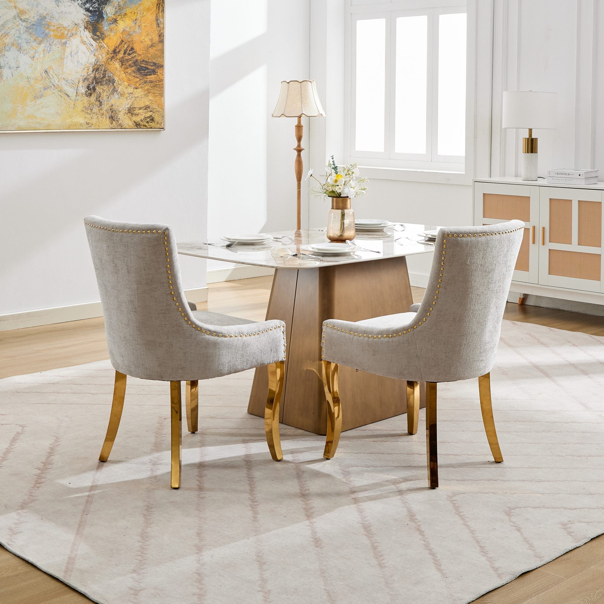 Chenille Dining Chairs, Modern Style with Curved Gold - Plated Legs &