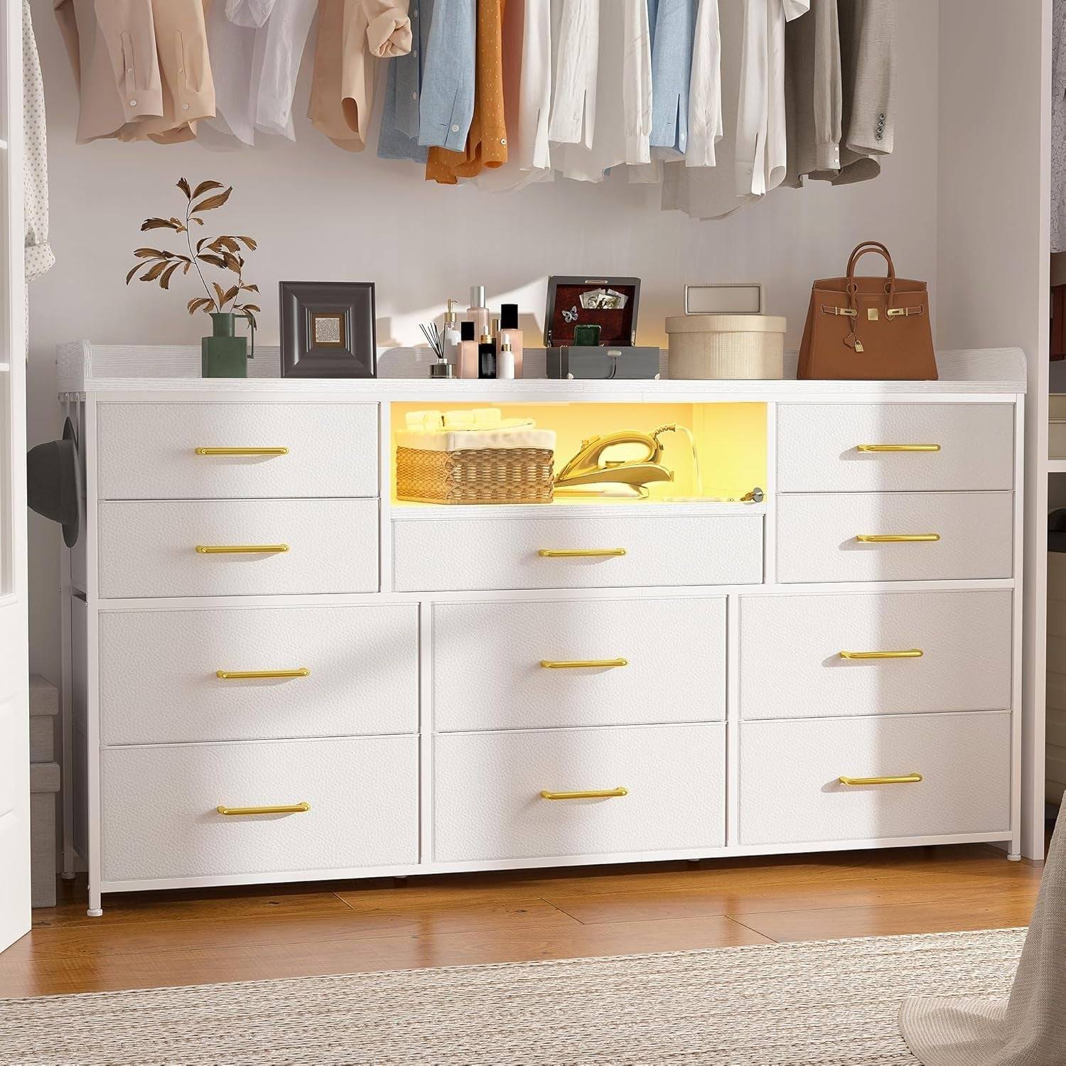 Dresser TV Stand with 11 Drawers for 60" TV Stand for Bedroom with LED