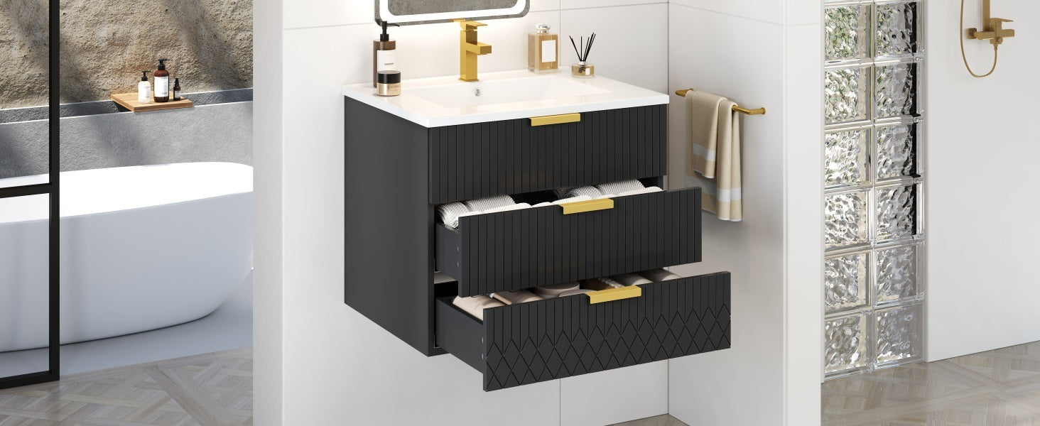 24inch Wall Mounted Floating Cabinet w/Double Drawer, Floating