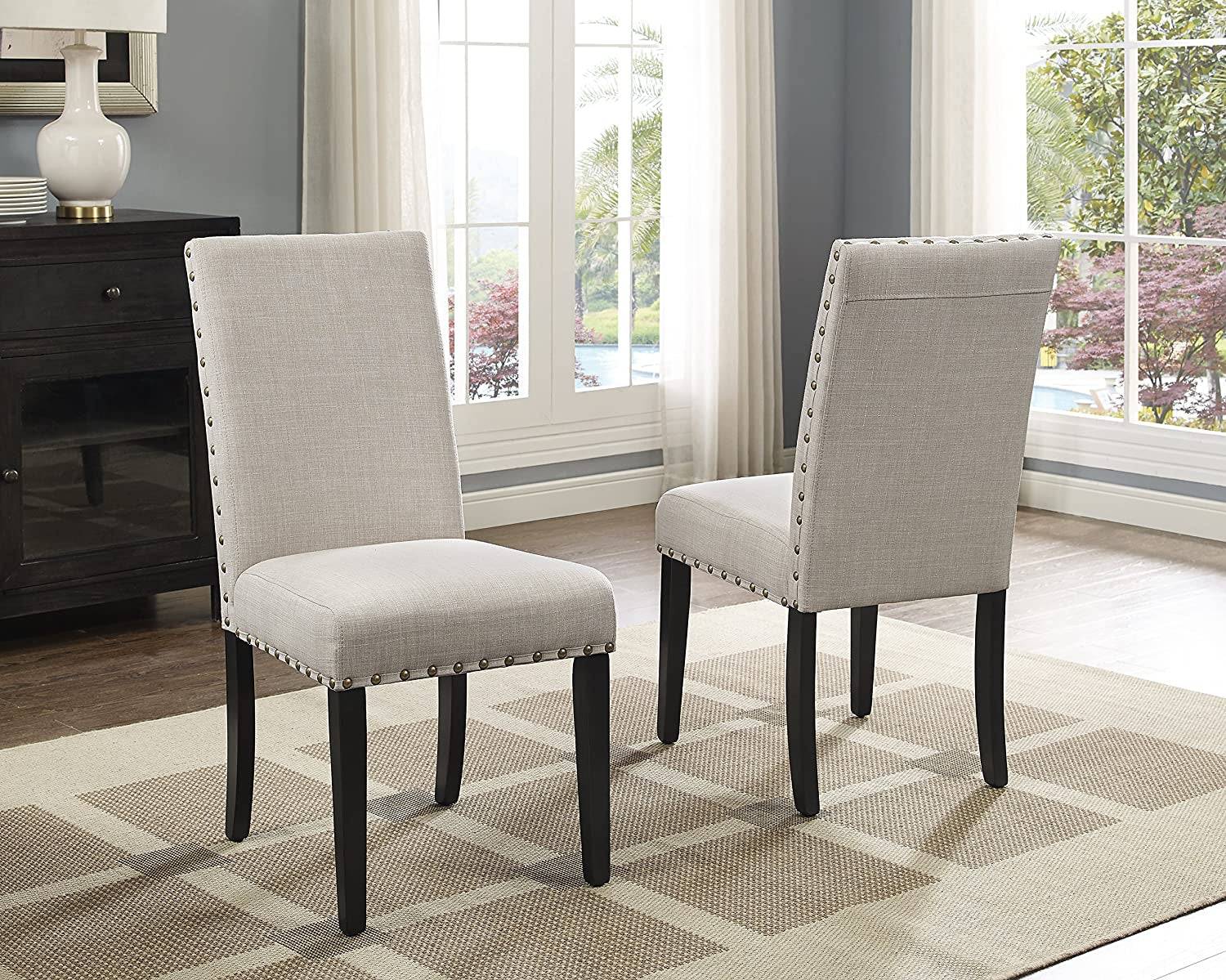 Tan Fabric Nailhead Dining Set with Espresso Wood