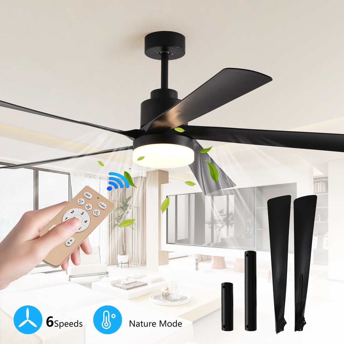 65 Inch Black Ceiling Fan with Light, 5-Blade Dimmable LED Ceiling Fan