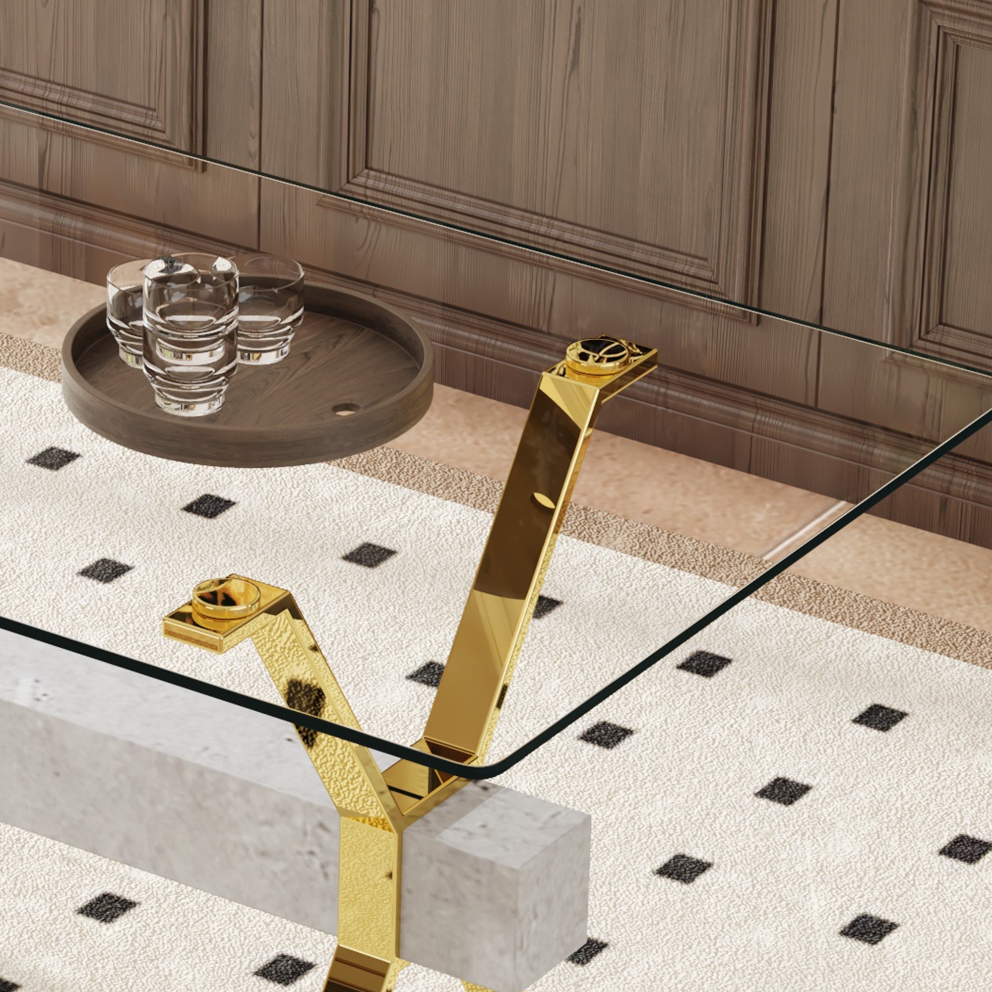 Modern tempered glass dining table. Large modern office desk with gold