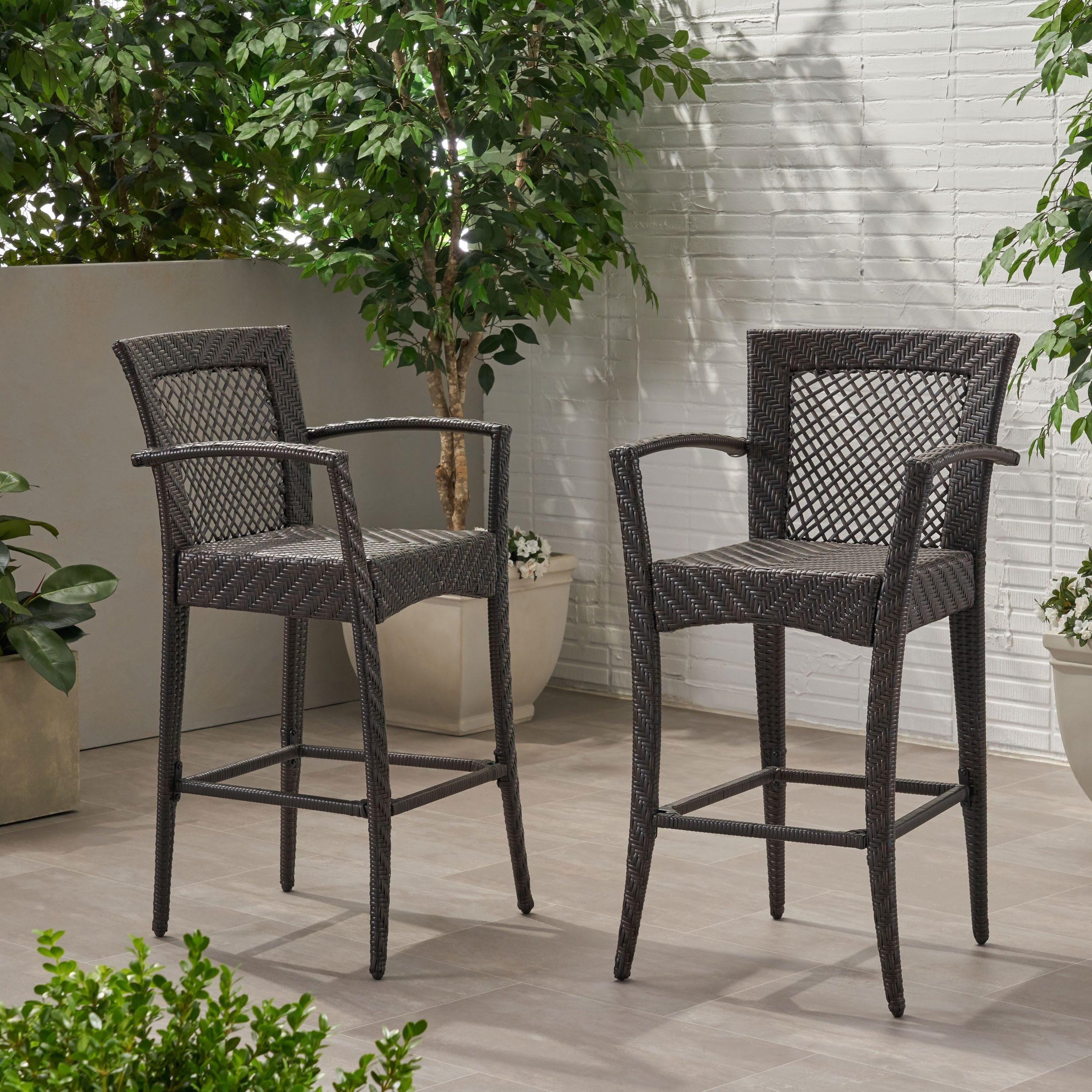 Outdoor PE rattan Barstools with Iron Frame (Set of 2), Multi Brown