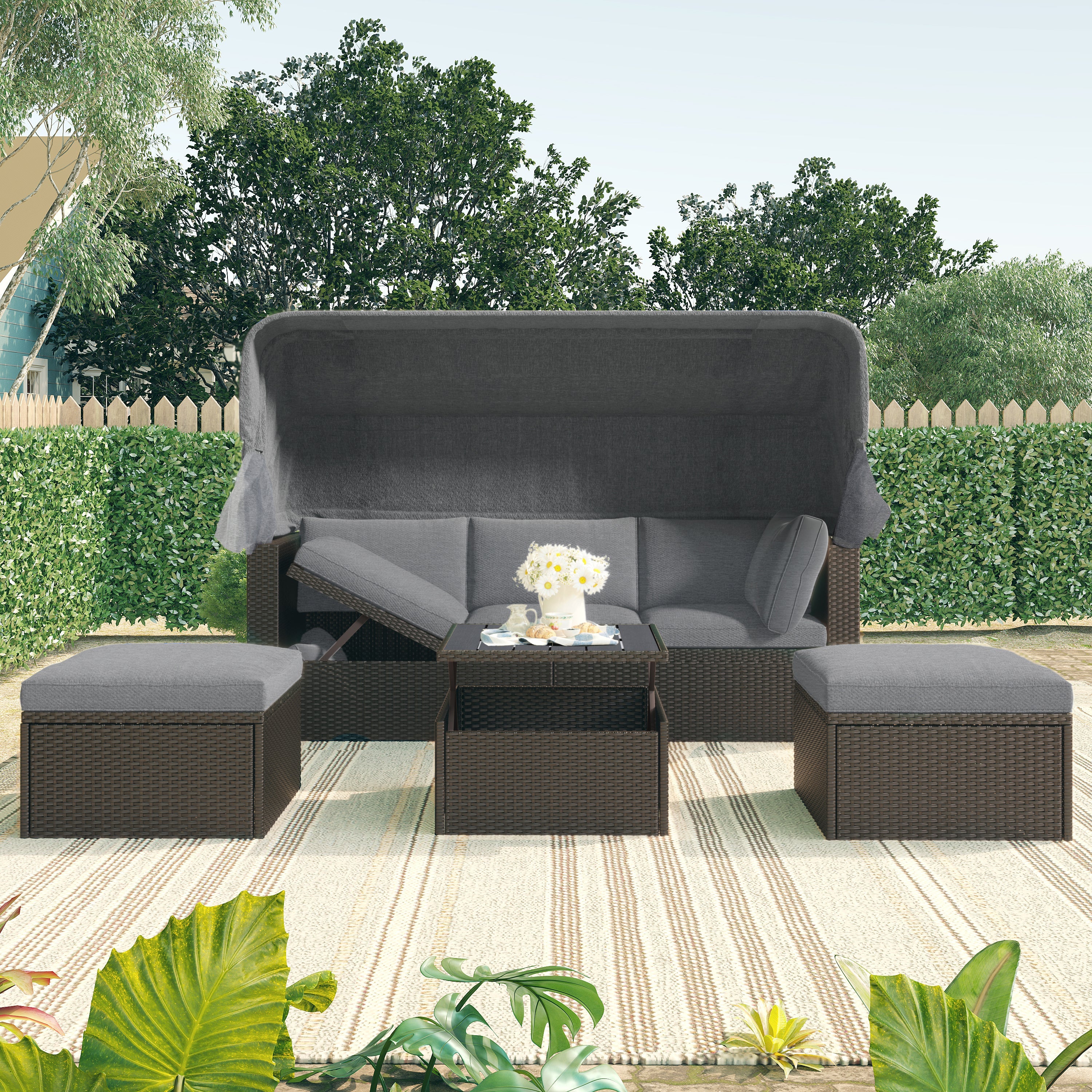 Outdoor Patio Rectangle Daybed with Retractable Canopy, Wicker
