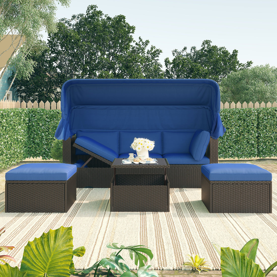Outdoor Patio Rectangle Daybed with Retractable Canopy, Wicker