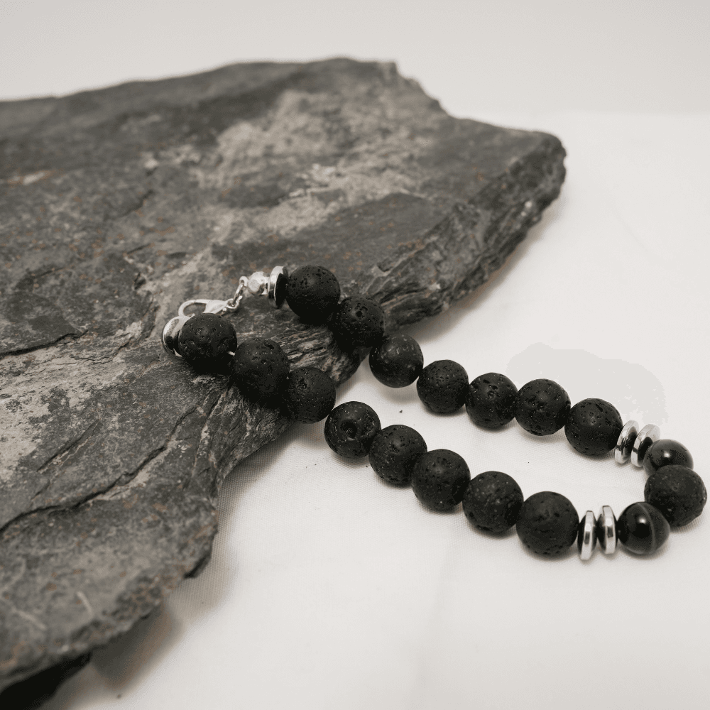 Handmade Lava Stone Bracelet for Men with Green Tiger Eye