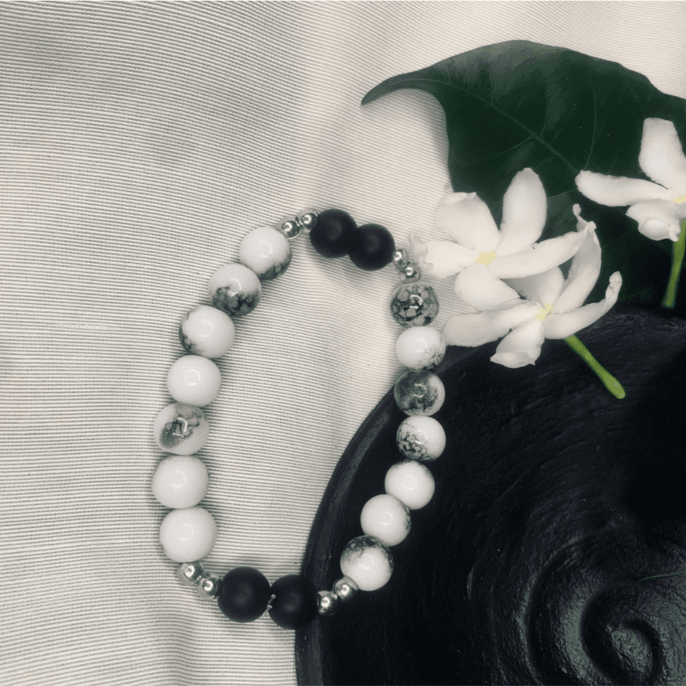 Howlite and Black Onyx Bracelet Stretch Bracelet with Silver Spacers