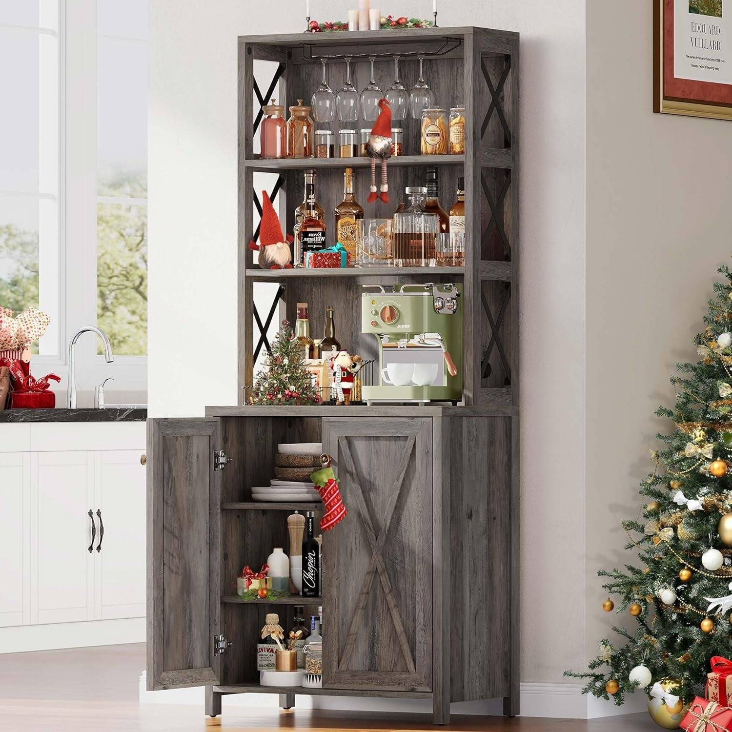 67" Farmhouse Wine Bar Cabinet Liquor Glasses Grey