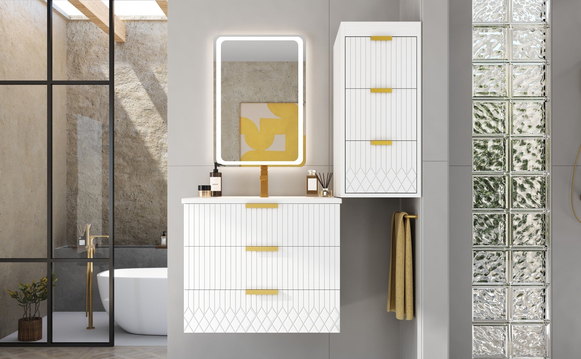 24inch Wall Mounted Floating Cabinet w/Side Cabinet Combo, Rectangular