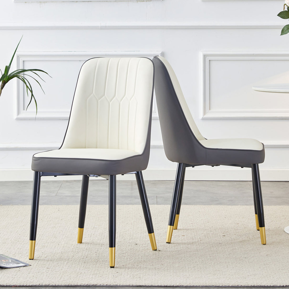 A modern dining chair with a white dark gray dual tone PU leather
