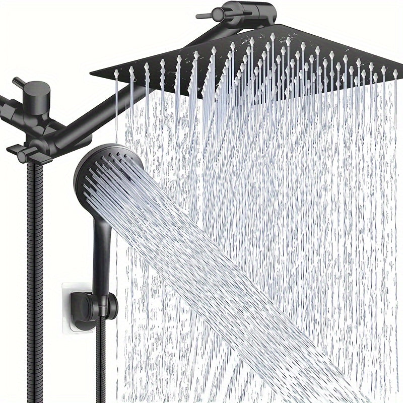 1pc High-Pressure Rain Shower Head Set - 8-Inch Stainless Steel Showerhead with 11-Inch Adjustable Extension Arm, 5-Setting Handheld Showerhead, Powerful Low-Pressure Water Spray, Matte Black Finish, Wall Mount, Durable and C