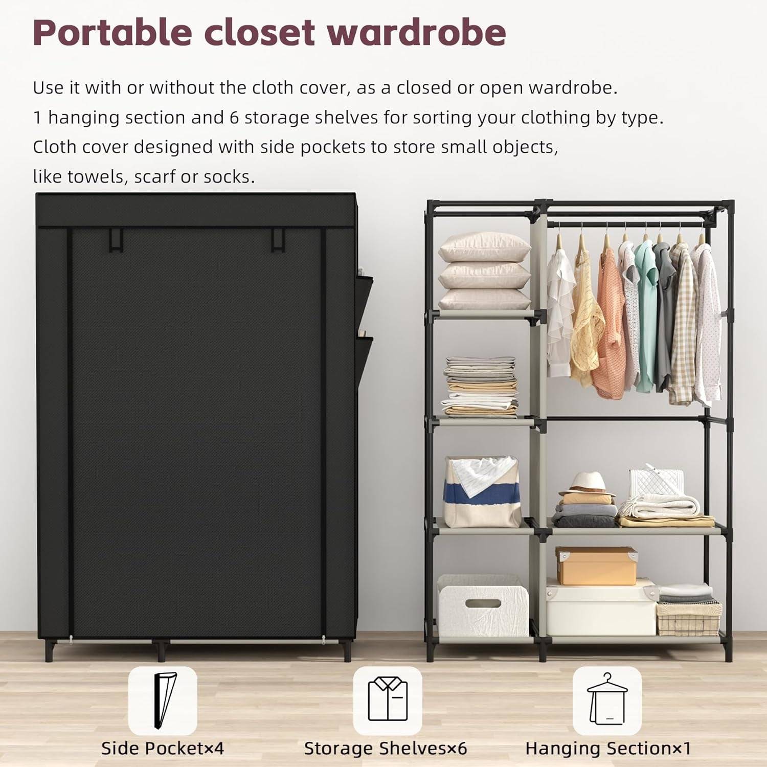 Portable Closet Organizers, Clothing Storage, Wardrobe with 6 Shelves