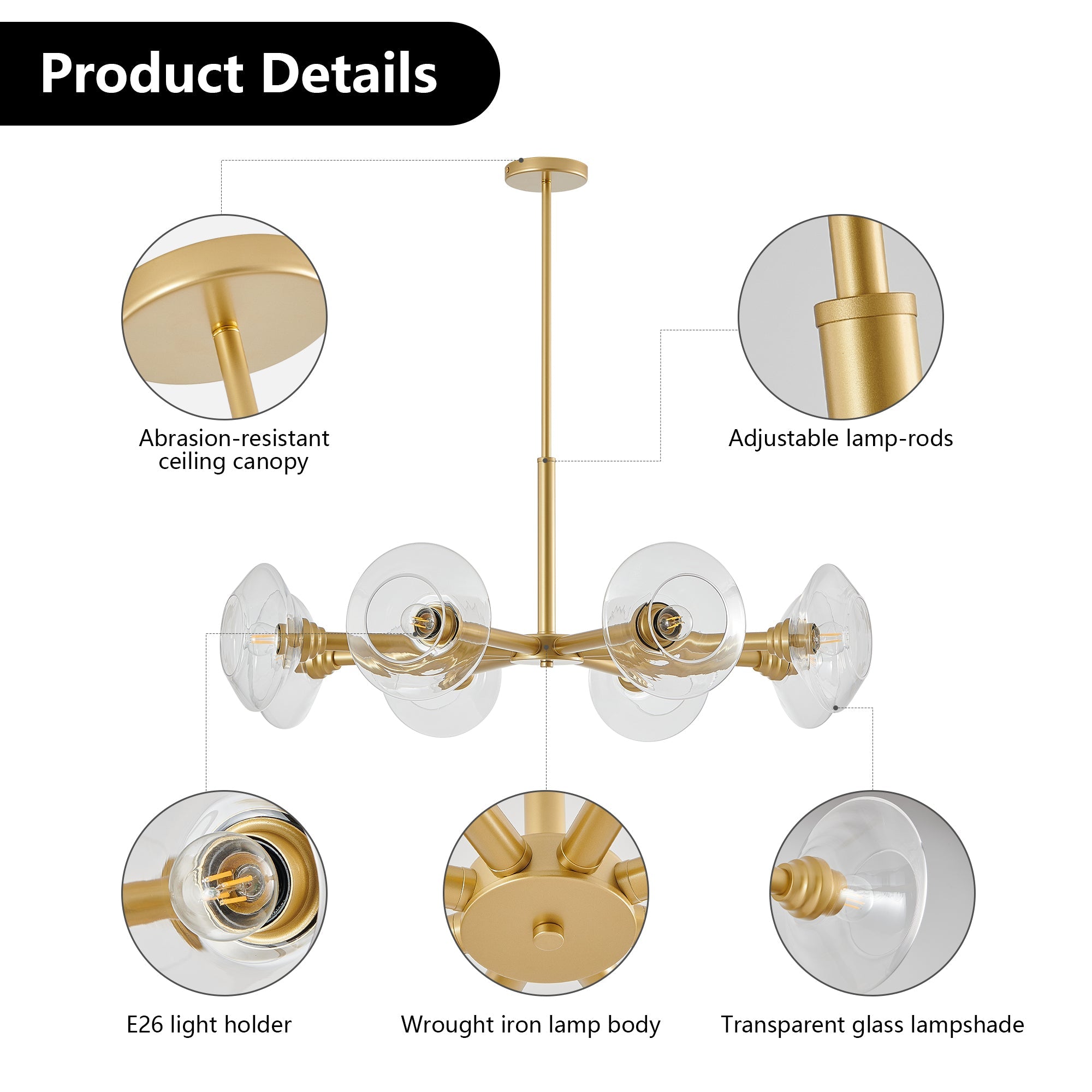 Modern Gold 8-Light Sputnik Chandelier with Clear Glass Shades,