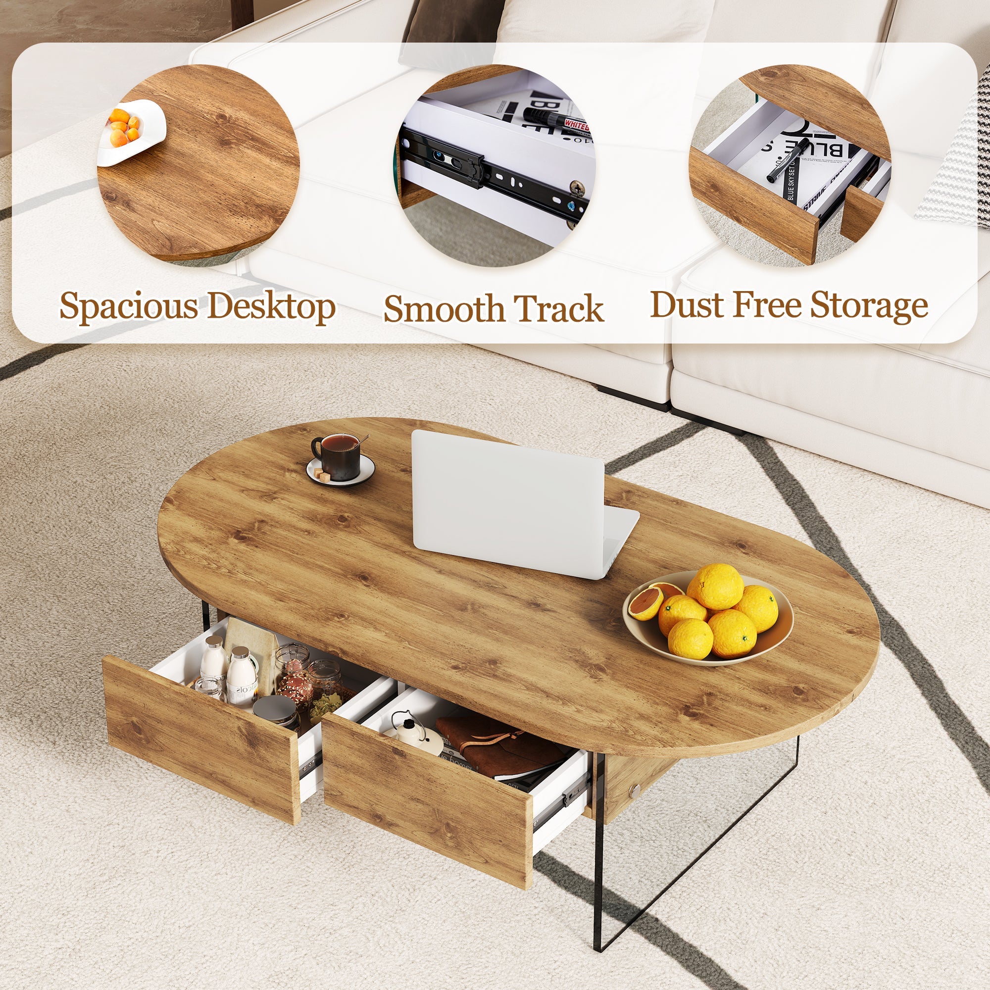Cozy Natural Oval Double Drawer Coffee Table - 43.3&