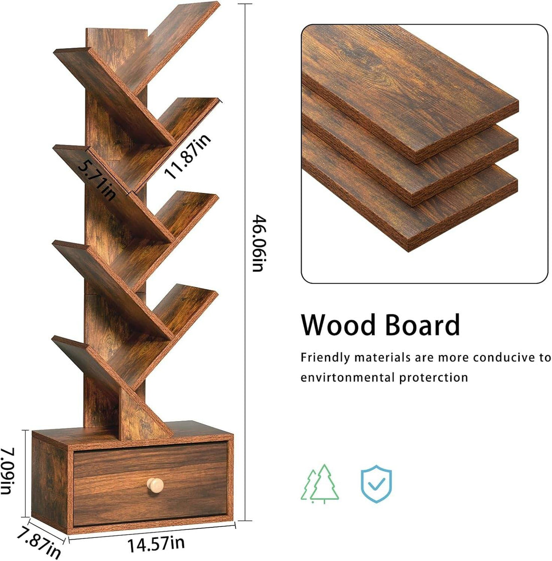 8 Tier Tree Bookshelf with Drawer, Free Standing Wood Bookcase for