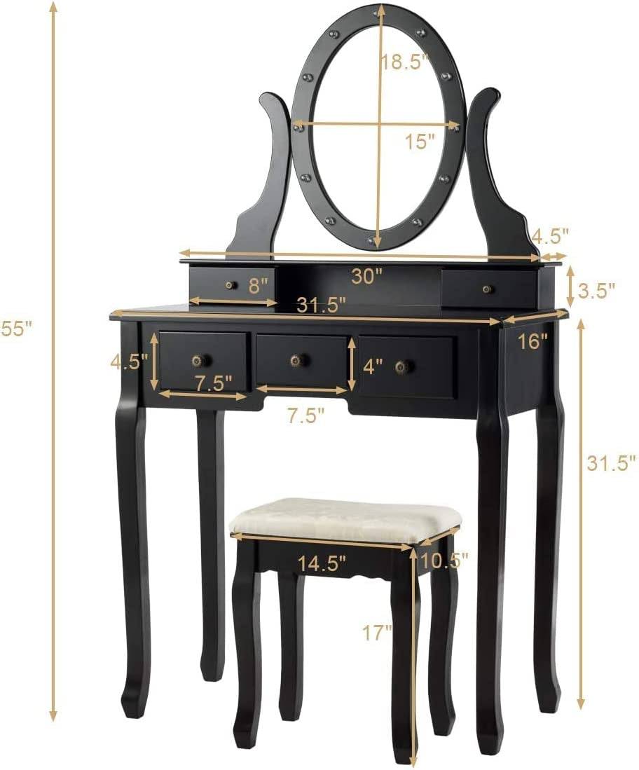 Black Vanity Dressing Table Set with Rotating Mirror