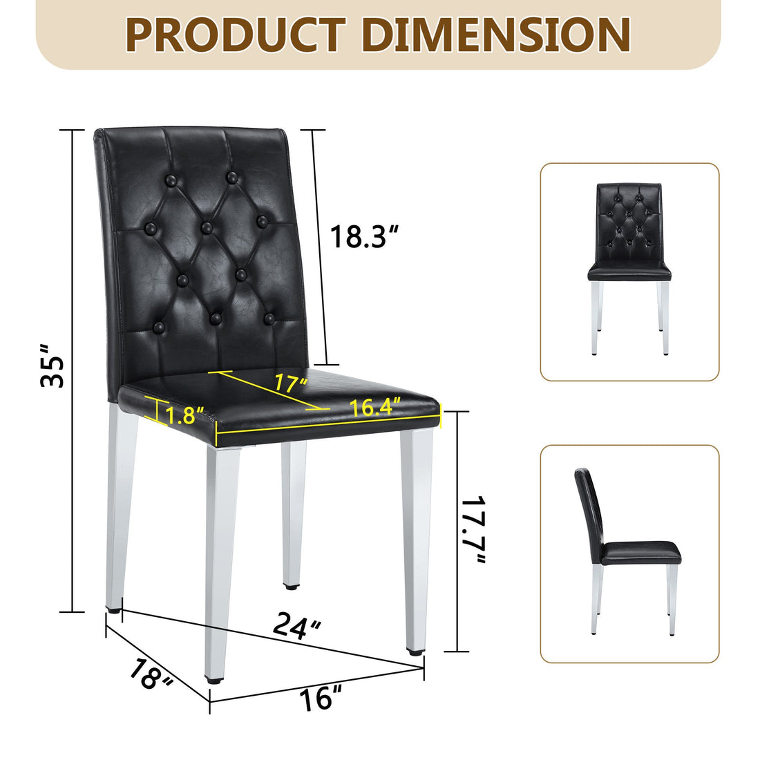 4-pack black PU dining chairs: ergonomic buckle backrest, 35 inches