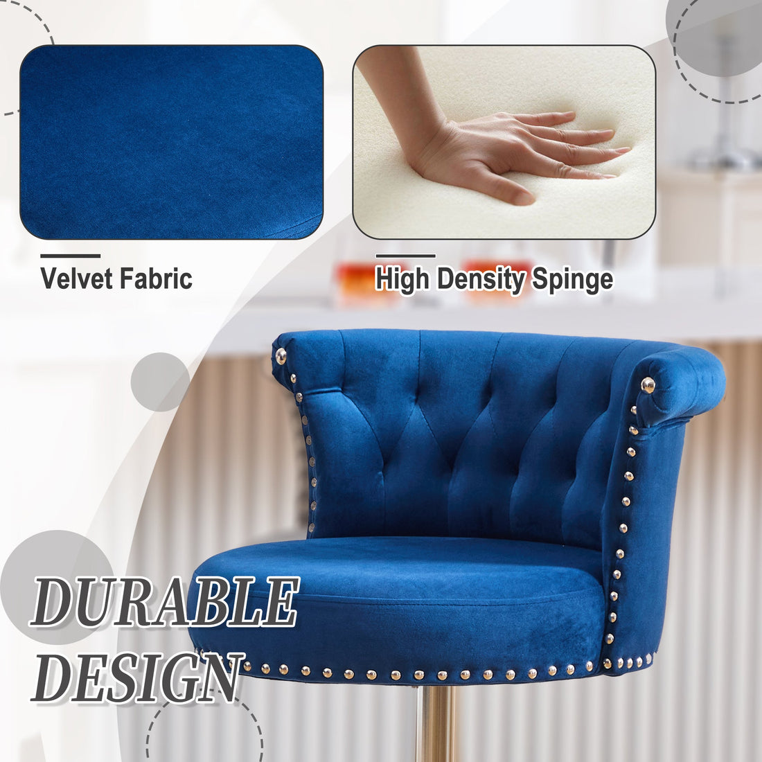 Velvet Bar Stool Set of 2, Adjustable Swivel Bar Stools with Silver