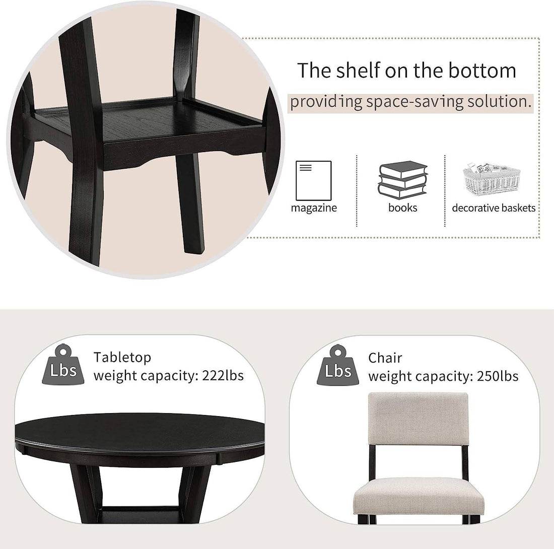5-Piece Dining Set, round Bottom Shelf, 4 Upholstered Chairs