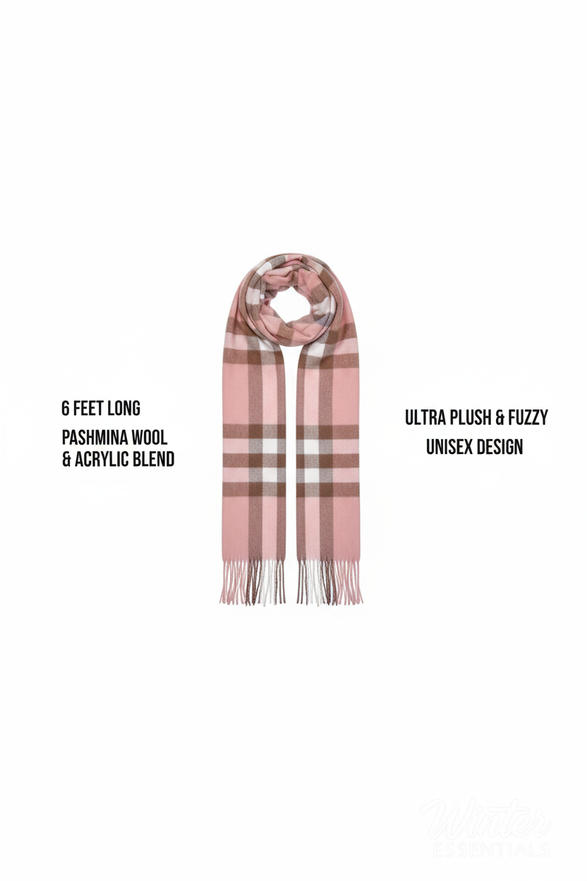 Pink Plaid Scarf Ultra Plush Pashmina Wool Blend 6ft Long Unisex