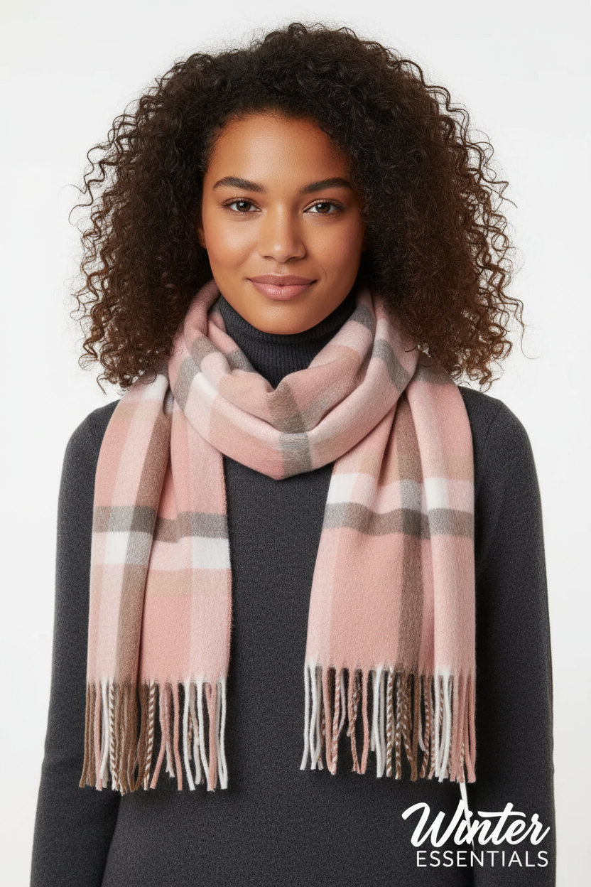 Pink Plaid Scarf Ultra Plush Pashmina Wool Blend 6ft Long Unisex