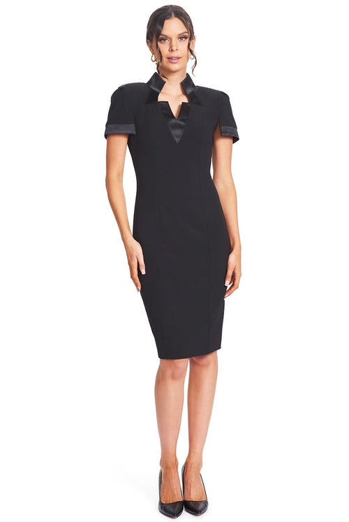 Top Notch Dress - Short Sleeve Notch Neck Black Midi Dress with Satin