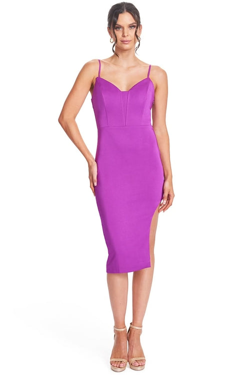 Vava Voom Dress - Pointed bodice satin midi body-con dress with side