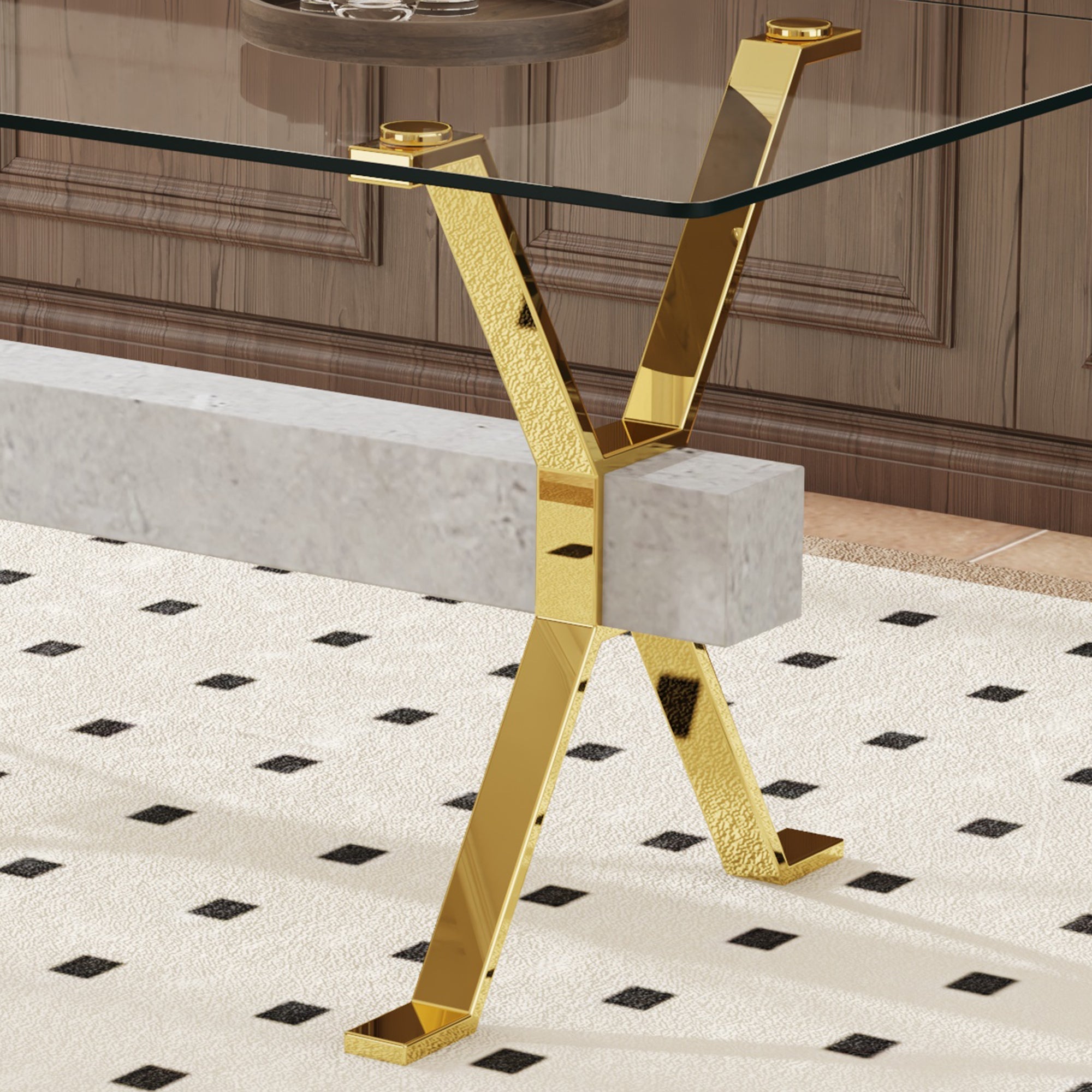 Modern tempered glass dining table. Large modern office desk with gold
