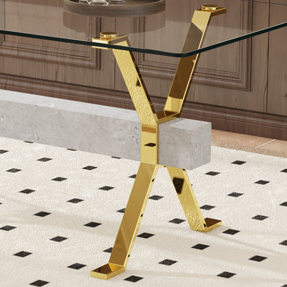 Modern tempered glass dining table. Large modern office desk with gold