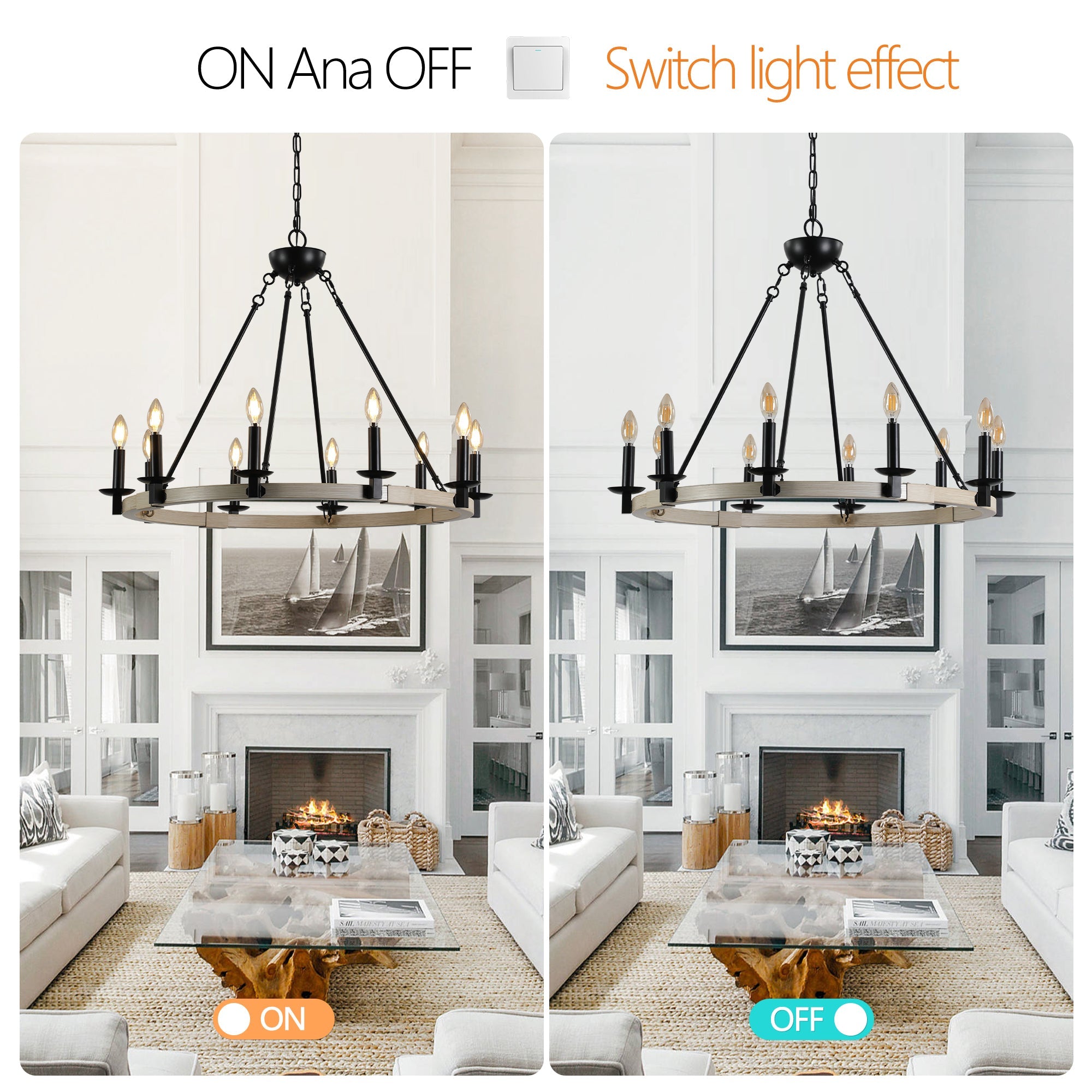 Rustic Farmhouse 10-Light Candle Chandelier, Black Metal and Wood