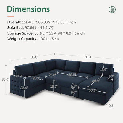 Velvet U-Sectional Sleeper Sofa, Pull-Out Bed, Blue