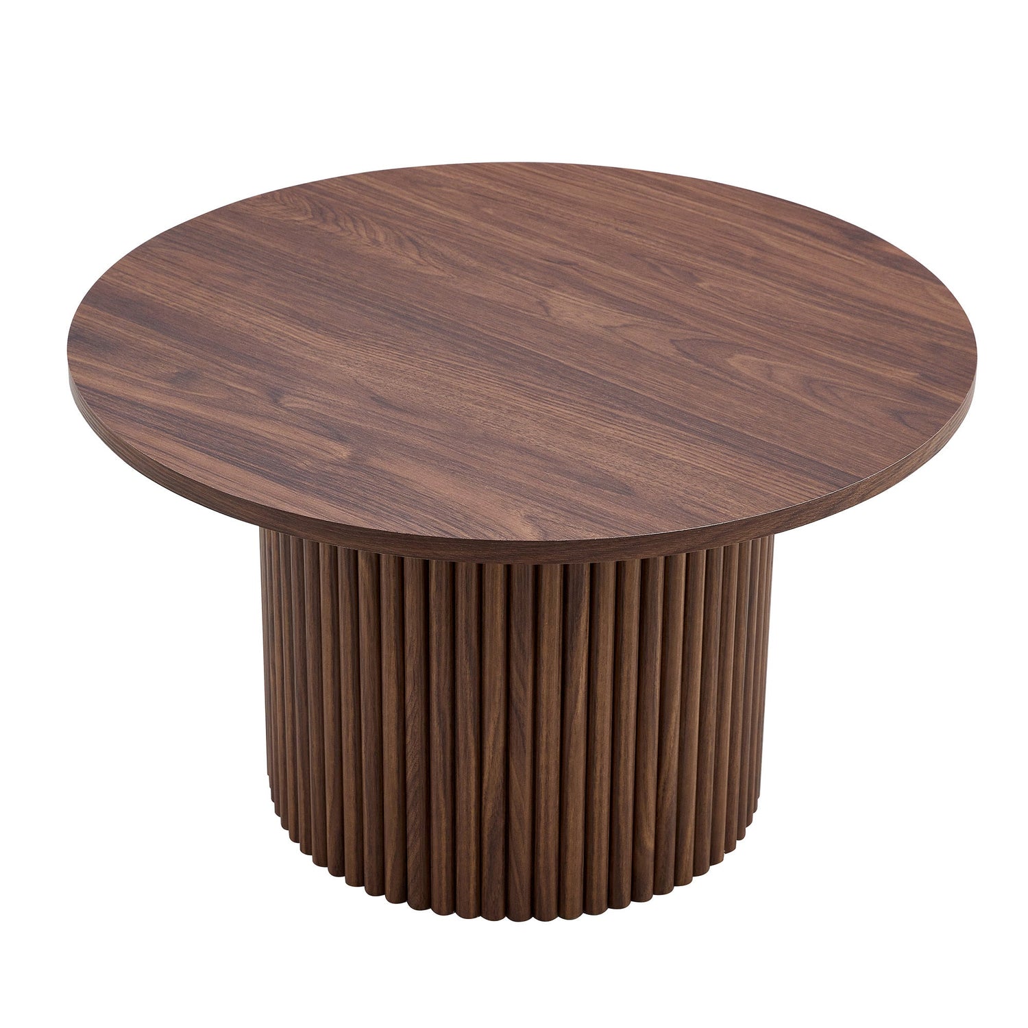 A modern circular coffee table with a diameter of 27.5 inches. MDF