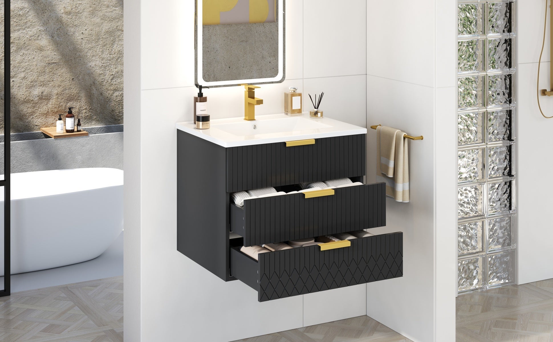 24inch Wall Mounted Floating Cabinet w/Double Drawer, Floating
