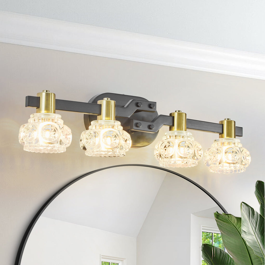 Vintage 4-Light Wall Sconce with Clear Crystal Shades, Black Iron
