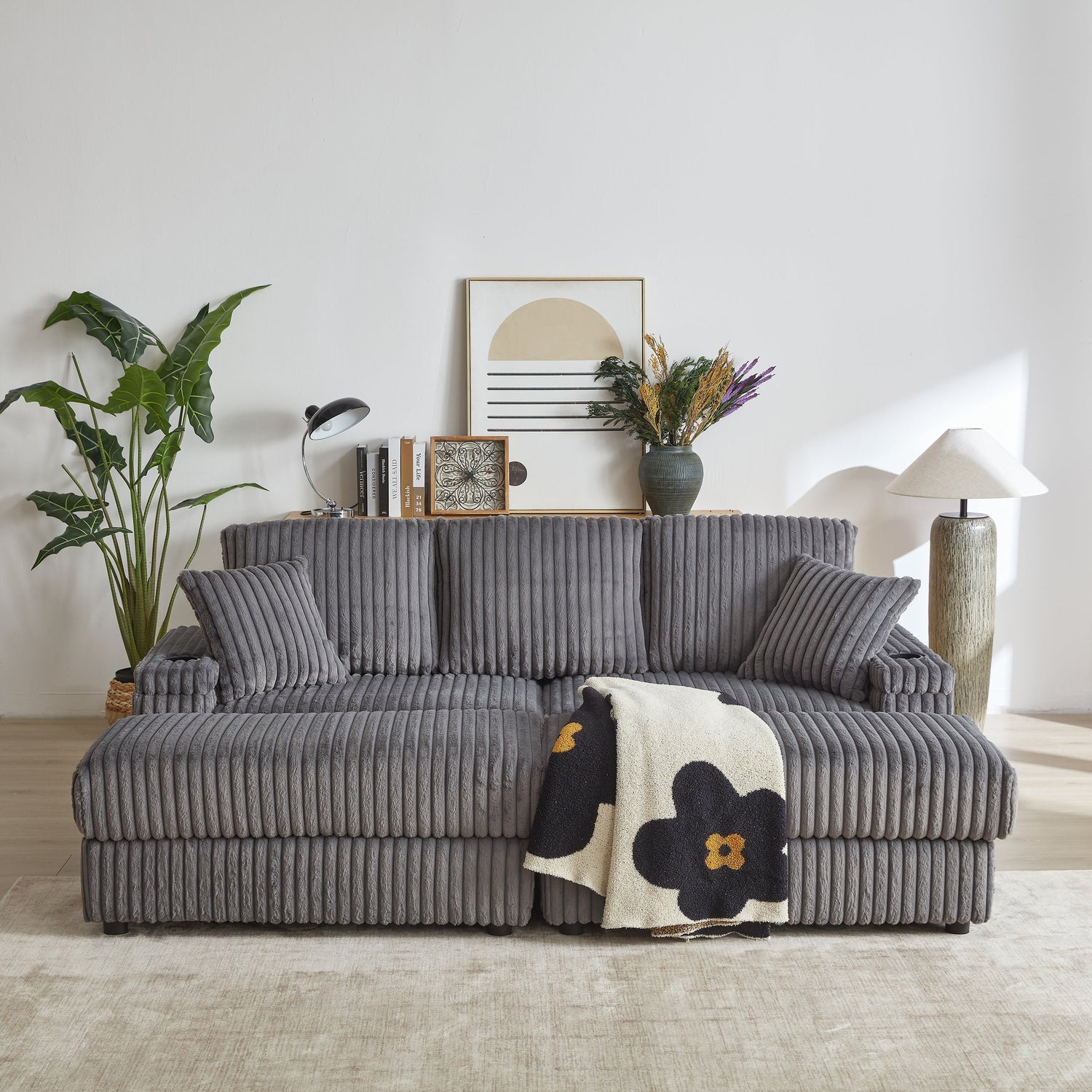 84Inch Corduroy 3-seater sofa With 3 back pillows ,2 toss pillows , a