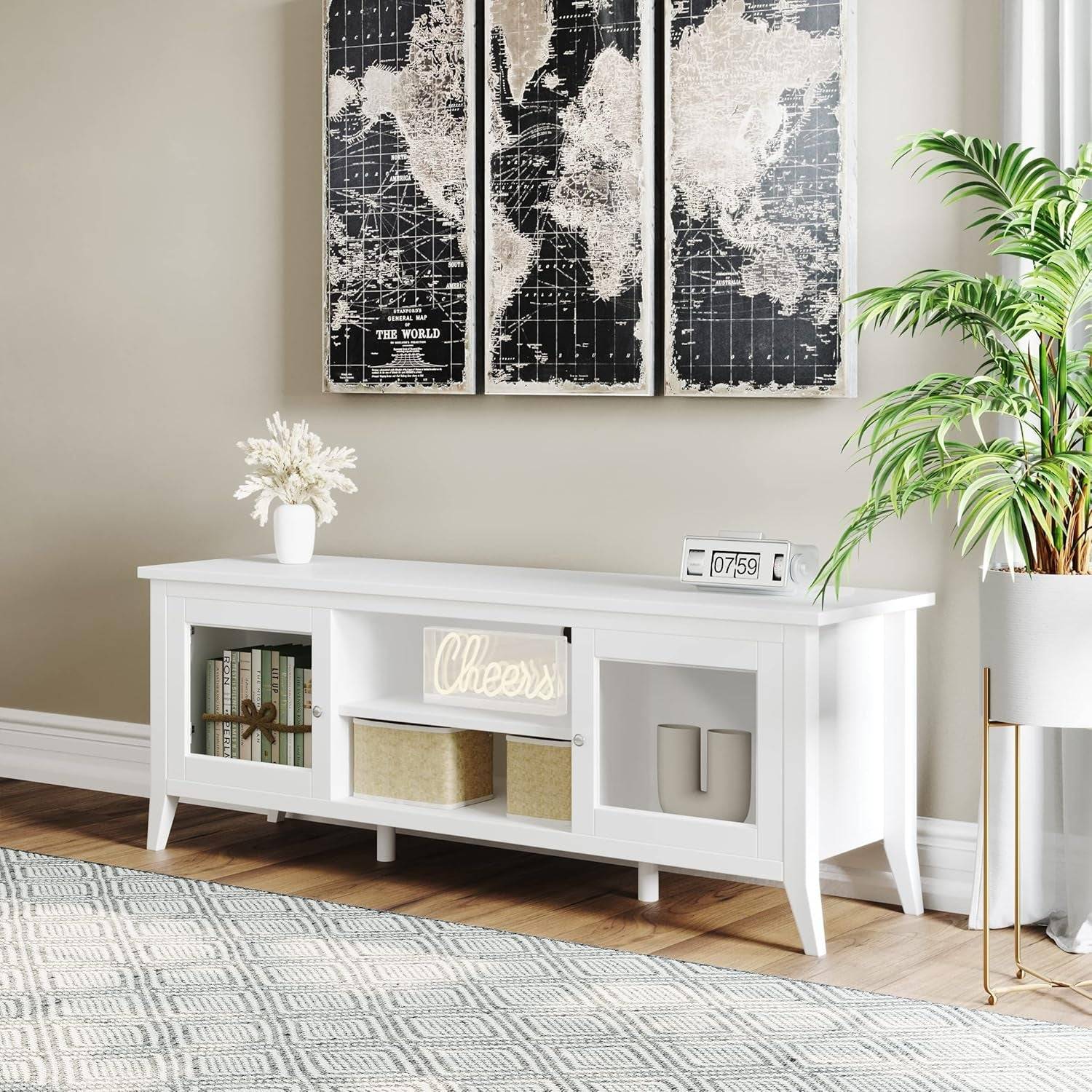 TV Stand - 55-Inch Storage Cabinet with 2 Cubbies and 2 Shelves -