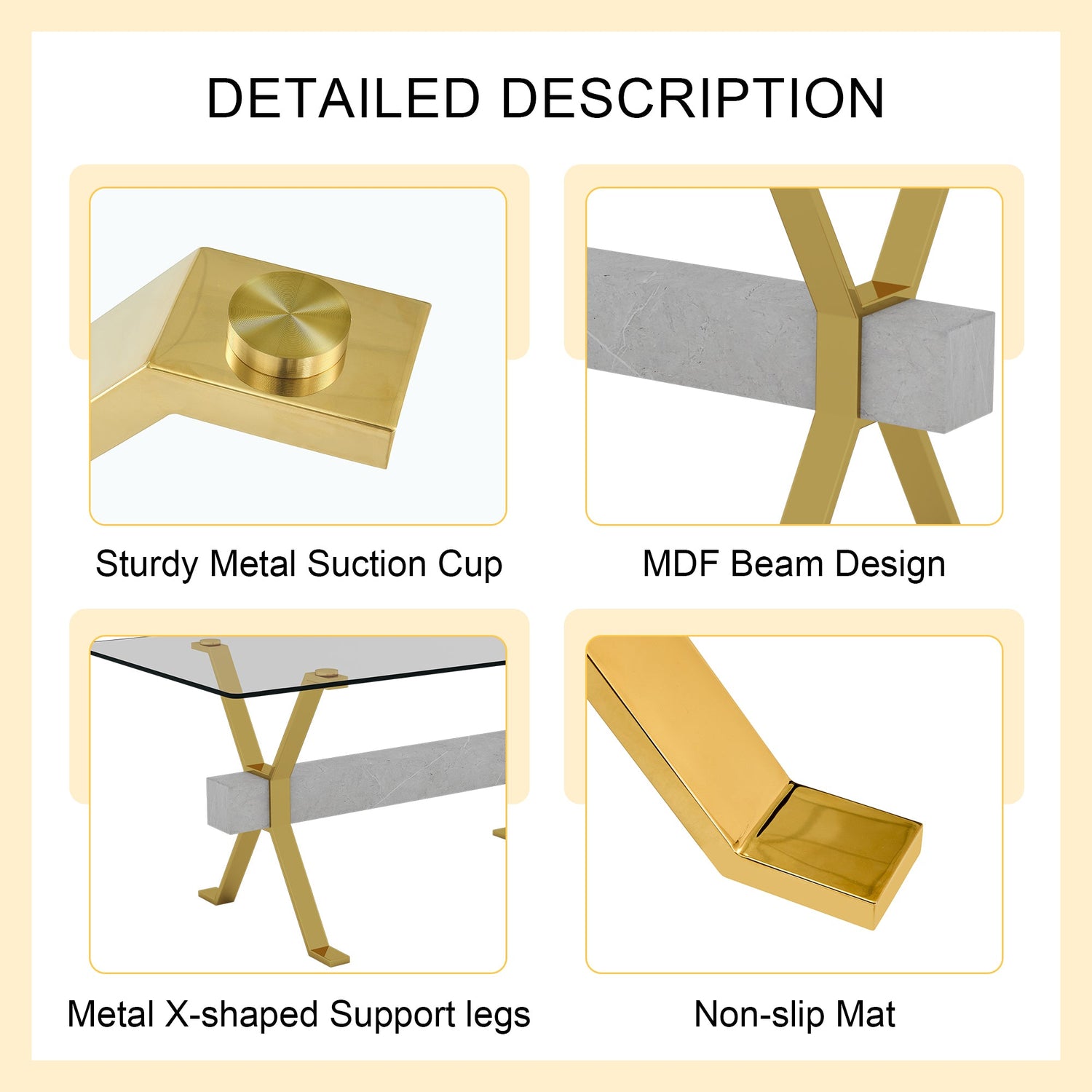 Modern tempered glass dining table. Large modern office desk with gold