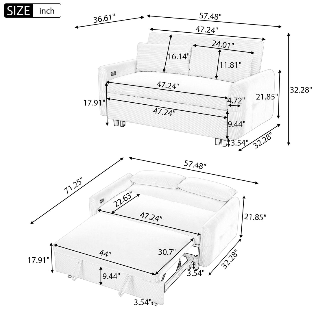 57.48" Pull-out Sofa Bed Convertible Couch 2 Seat Loveseat Sofa Modern
