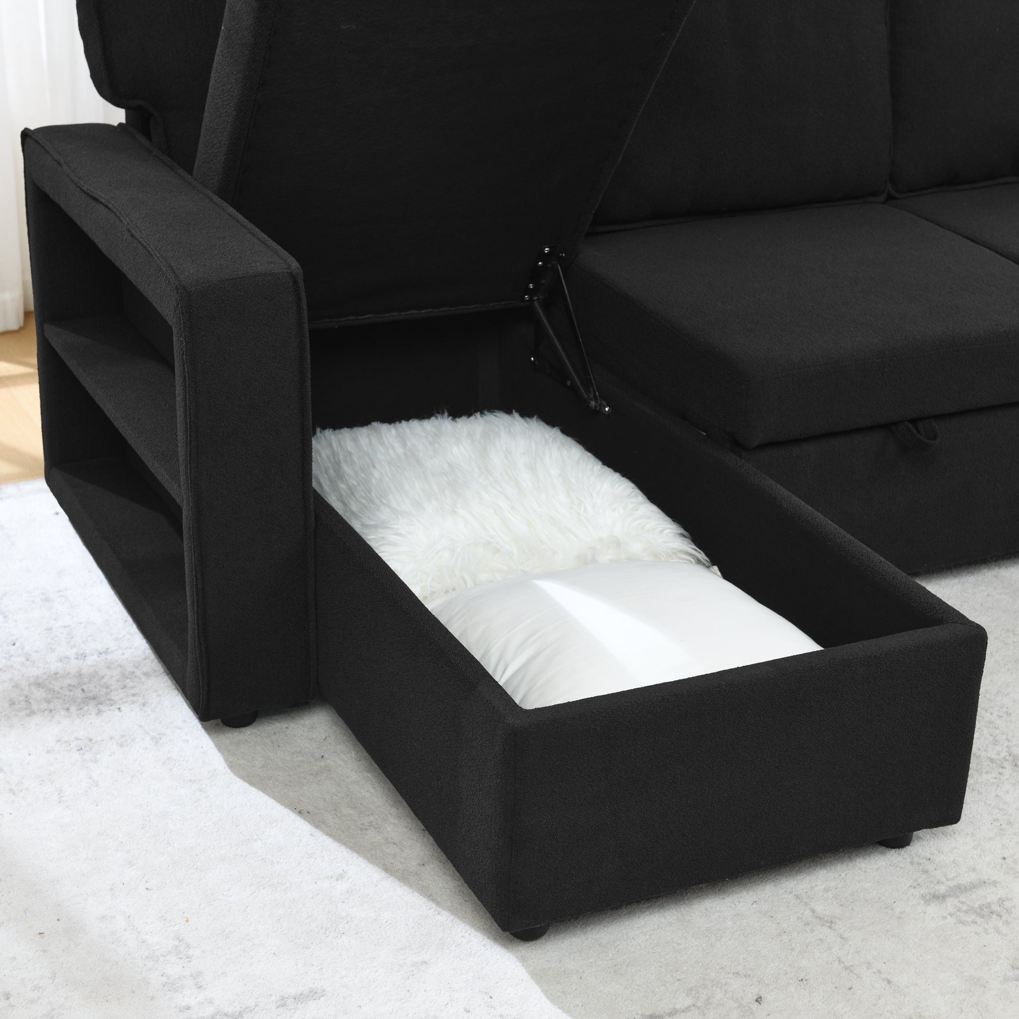 Linen Upholstered Sleeper Sectional Sofa, Shaped Modular Convertible