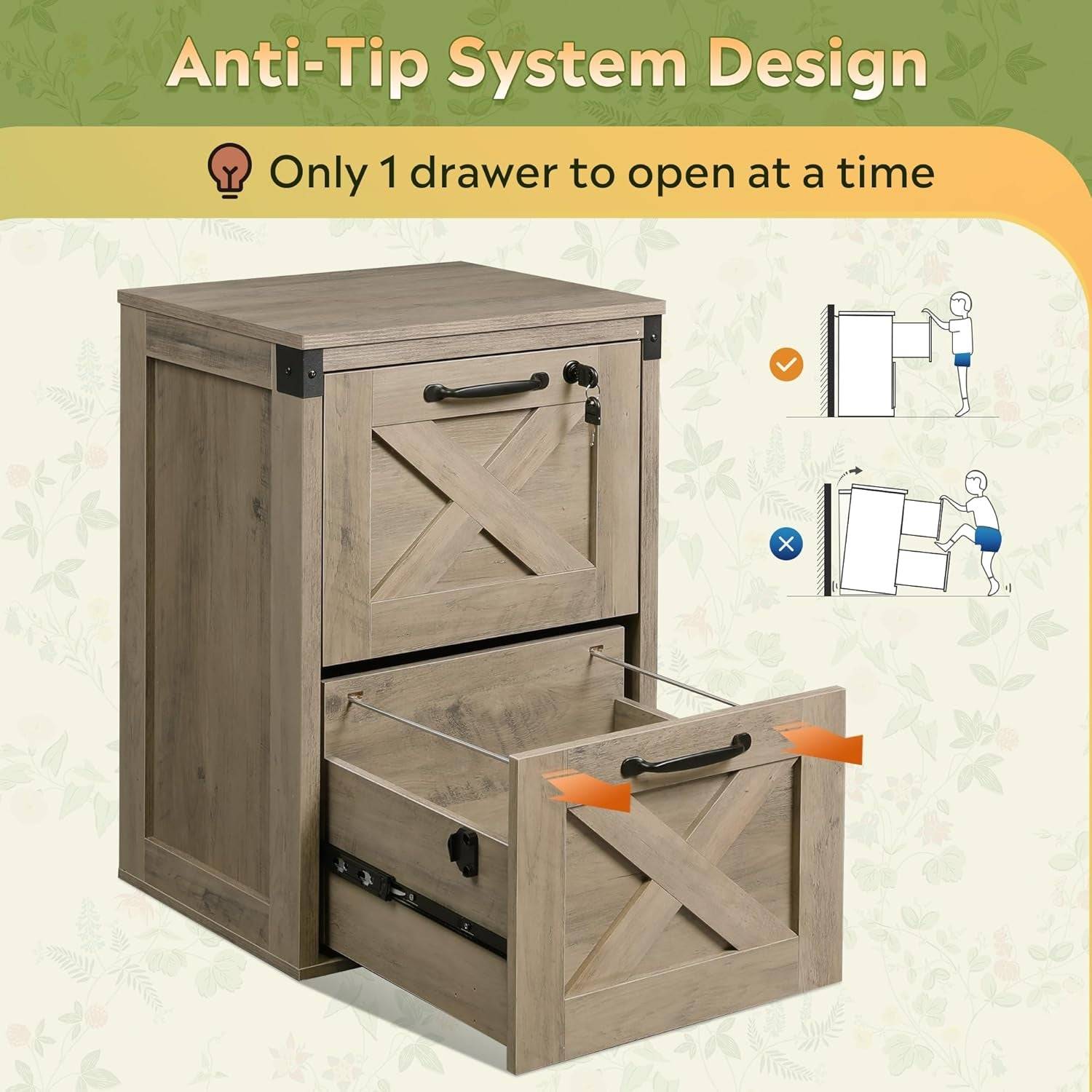 2 Drawer File Cabinet with Lock, Wood Farmhouse Filing Cabinet for