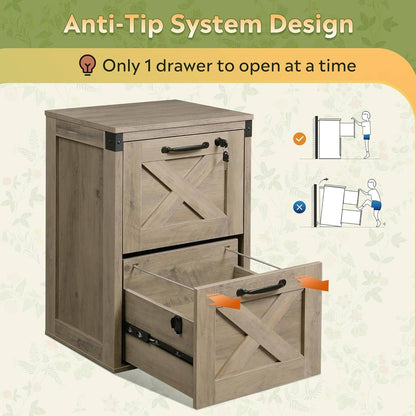 2 Drawer File Cabinet with Lock, Wood Farmhouse Filing Cabinet for