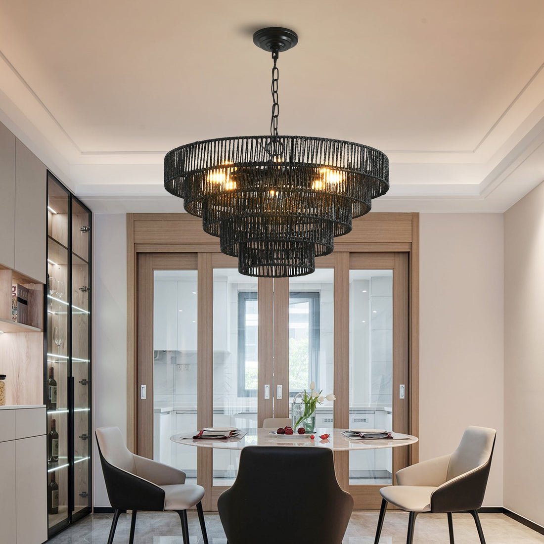 Rustic 5-Tier Black Hemp Rope Chandelier with 8 E12 Sockets, UL Listed