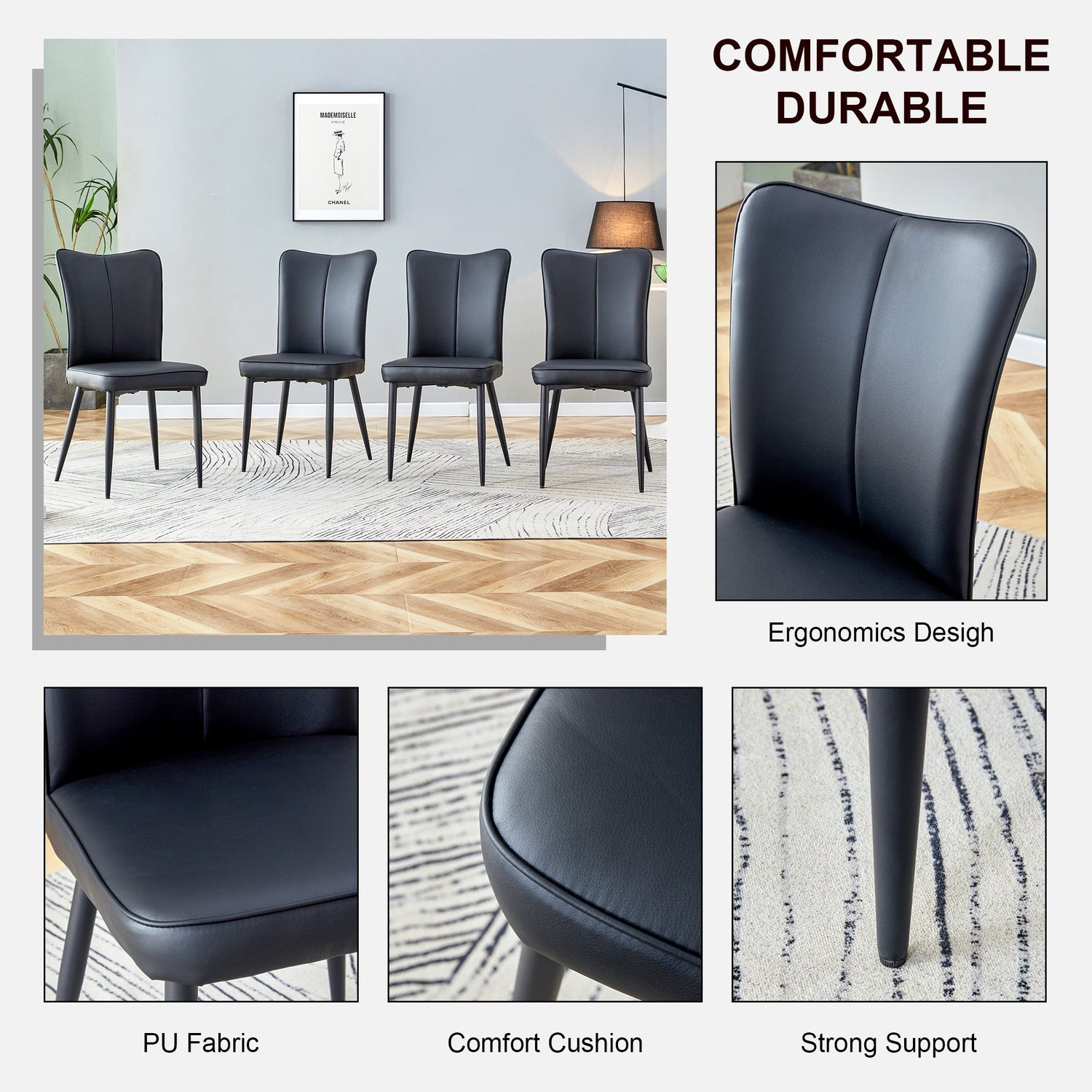 Modern Black PU Chair Set - Two Pieces, The backrest has a vertical