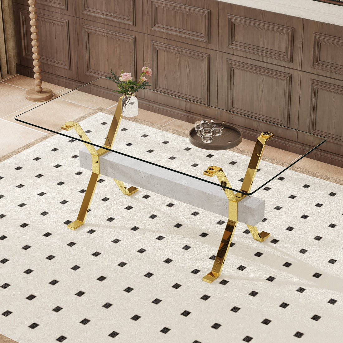 Modern tempered glass dining table. Large modern office desk with gold