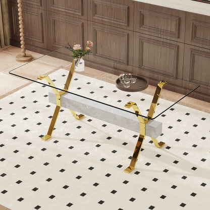 Modern tempered glass dining table. Large modern office desk with gold