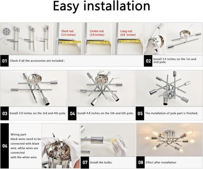 6-Lights Semi Flush Mount Ceiling Light Fixture Modern Chrome Matte