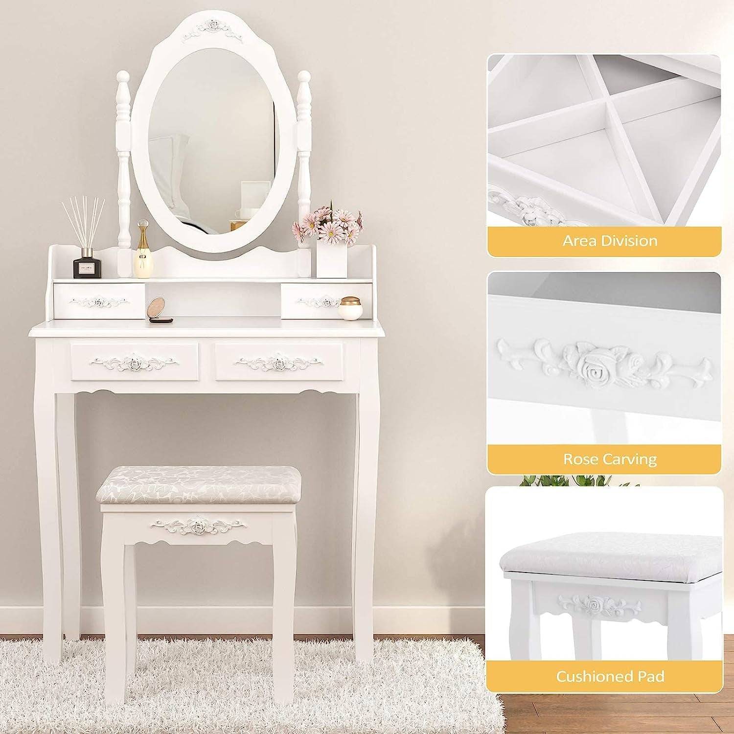 Wood Makeup Vanity Set with Mirror &amp; Stool