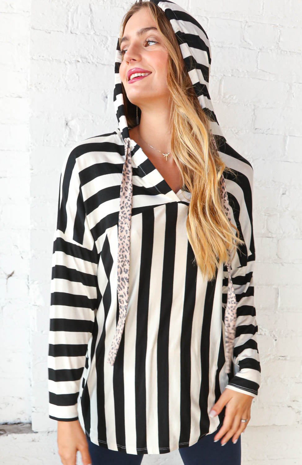 Black &amp; White Stripe Leopard Drawstring Hoodie