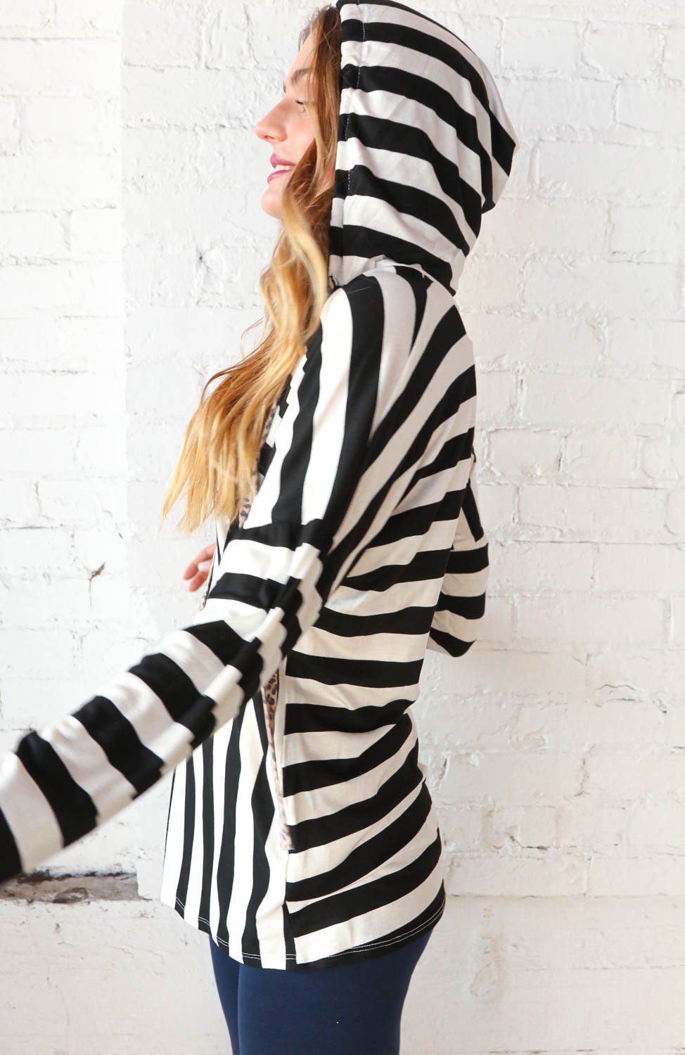 Black &amp; White Stripe Leopard Drawstring Hoodie