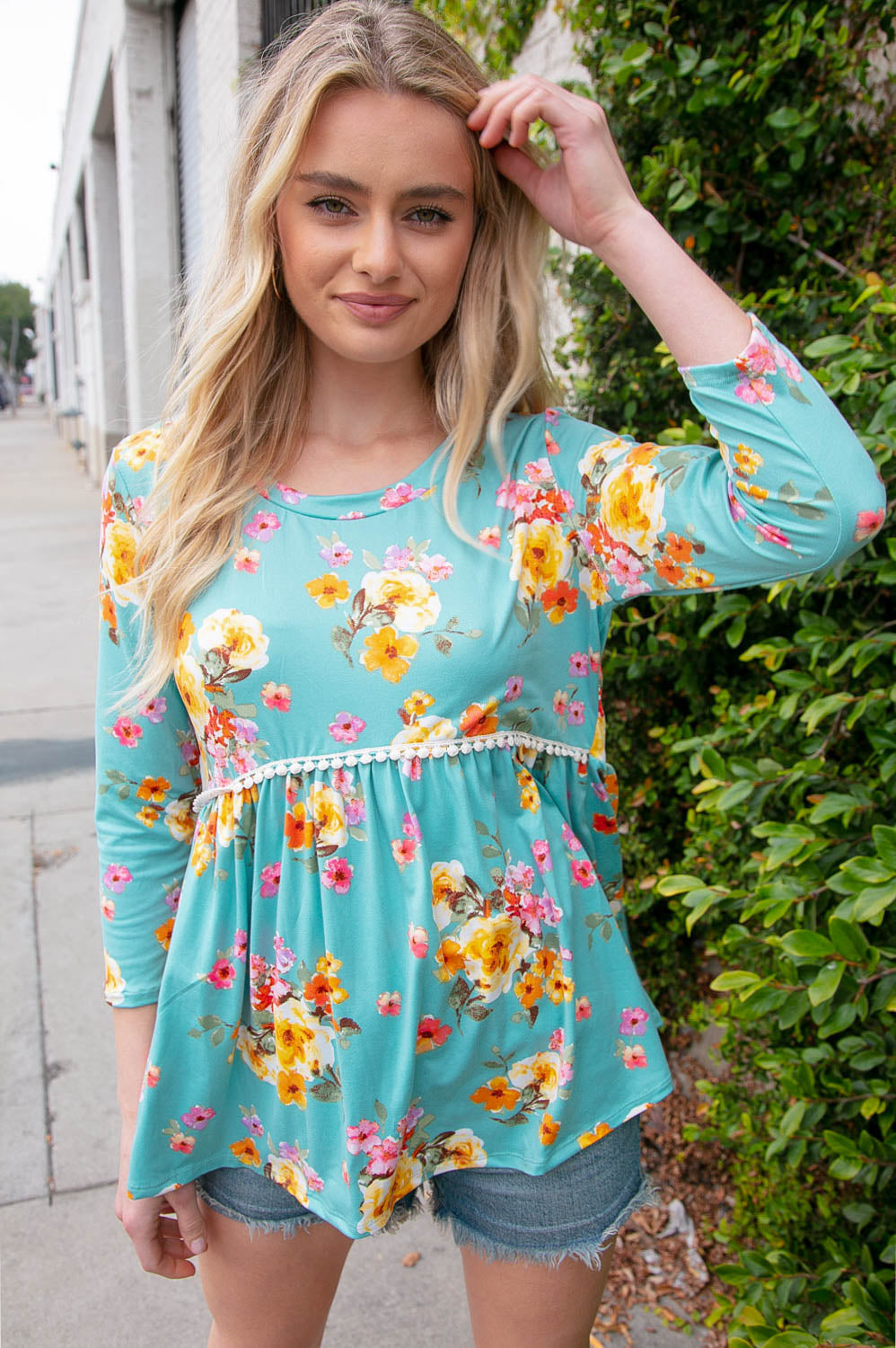 Mint Three-Quarter Sleeve Floral Peplum Babydoll Top